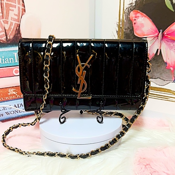 YSL Black Vicky Large Patent Quilted Leather Flap Wallet- added chain-$870 R - Picture 1 of 17